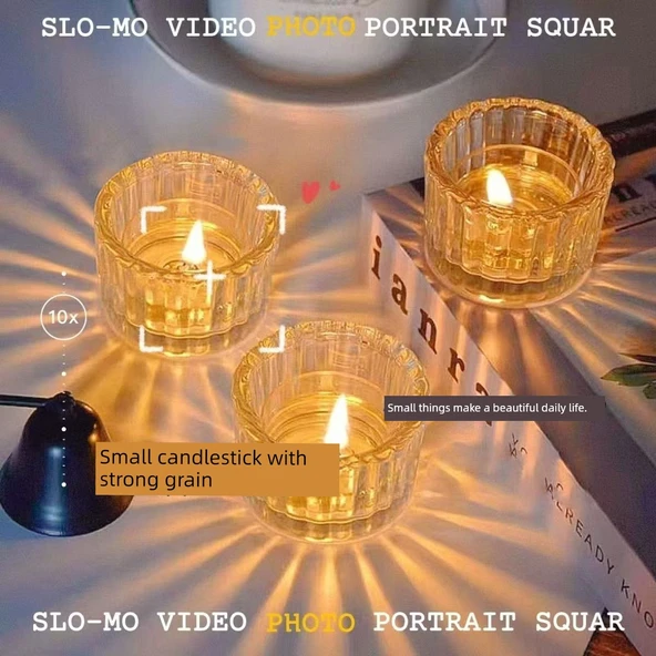Çizgili Cam Aromaterapi Mumluk - Tealight Mum Kabı - 5435 Yeşil - 7