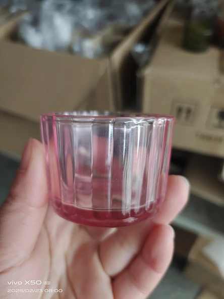 Çizgili Cam Aromaterapi Mumluk - Tealight Mum Kabı - 5538 Pembe