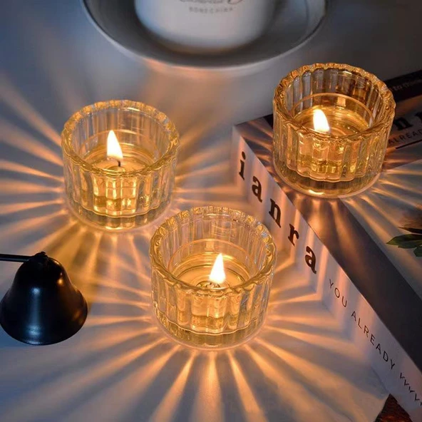 Çizgili Cam Aromaterapi Mumluk - Tealight Mum Kabı - 5435 Yeşil - 2