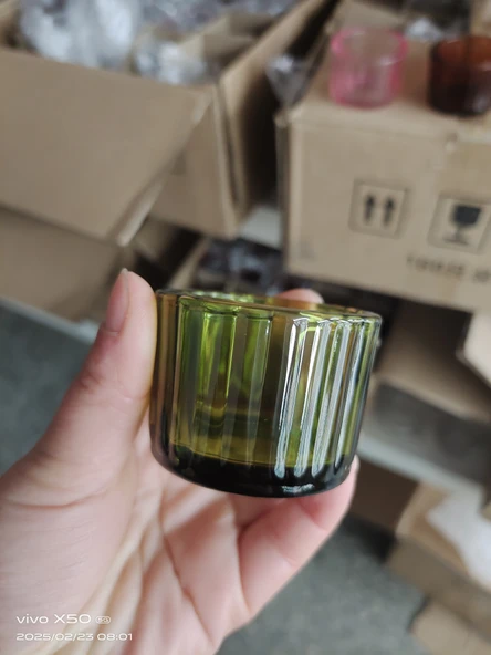 Çizgili Cam Aromaterapi Mumluk - Tealight Mum Kabı - 5538 Yeşil