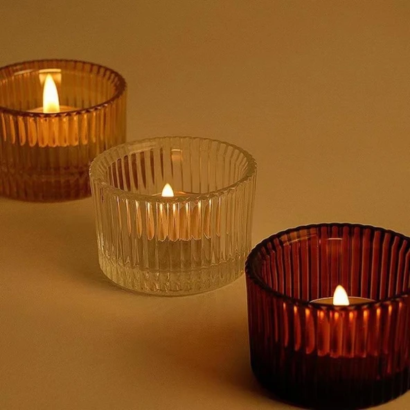 Çizgili Cam Aromaterapi Mumluk - Tealight Mum Kabı - 5435 Yeşil - 4
