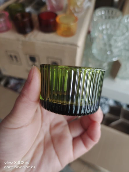 Çizgili Cam Aromaterapi Mumluk - Tealight Mum Kabı - 5435 Yeşil