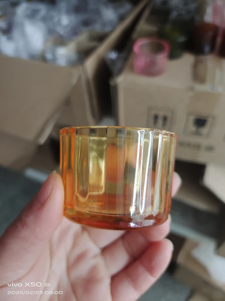 Çizgili Cam Aromaterapi Mumluk - Tealight Mum Kabı - 5538 Sarı