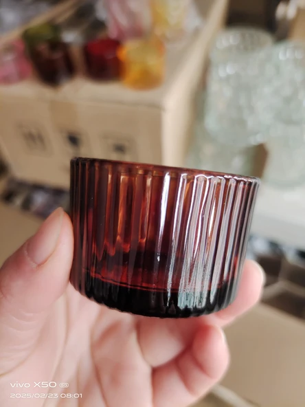 Çizgili Cam Aromaterapi Mumluk - Tealight Mum Kabı - 5435 Kahverengi