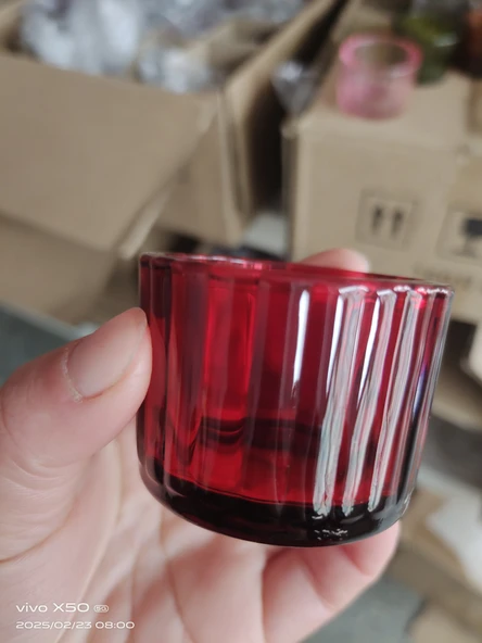 Çizgili Cam Aromaterapi Mumluk - Tealight Mum Kabı - 5538 Bordo