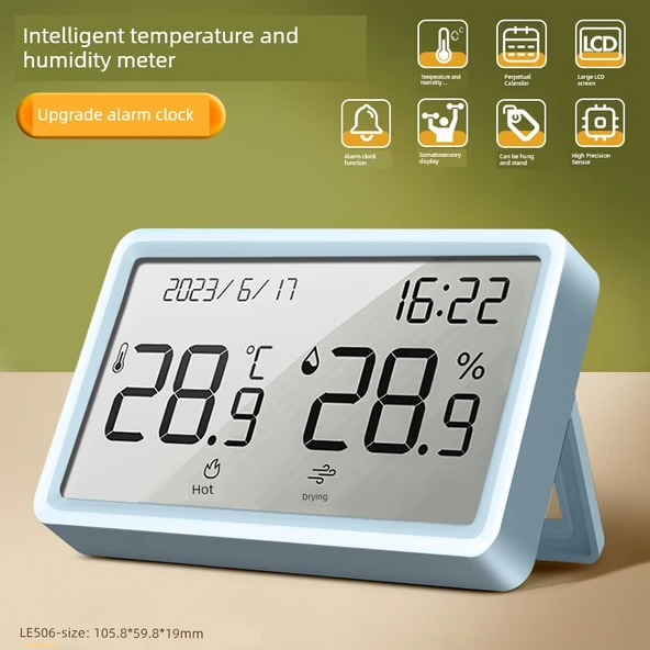 Dijital Termometre ve Nem Ölçer - Gelişmiş Alarm Saatli Vücut Algılama Ekranlı Mavi