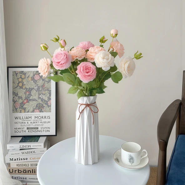 Yapay Gül Buketi - Pembe 4 Süt Tozu 4 + Konik Seramik Vazo - Resim 3