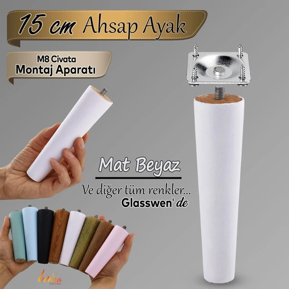 Ahşap Ayak 15 Cm Beyaz M8 Civatalı Bağlantı Aparatlı Dolap Mobilya Koltuk Kanepe Destek Ayağı Ayakları