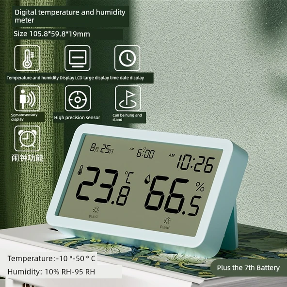 Dijital Termometre Higrometre ve Alarm - Açık Sis Mavisi - Geniş Ekran