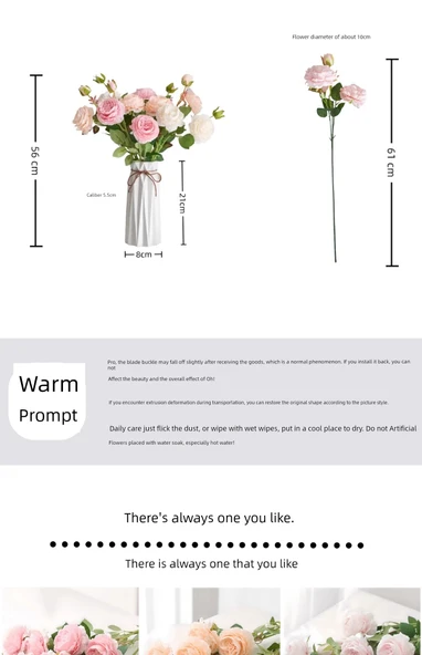 Yapay Gül Buketi - Pembe 4 Süt Tozu 4 + Konik Seramik Vazo - Resim 12