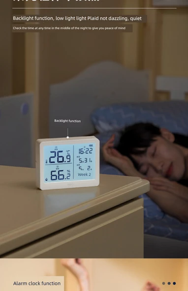 Dijital Termometre Higrometre - Mavi Geniş Ekran Alarm Takvim - 8