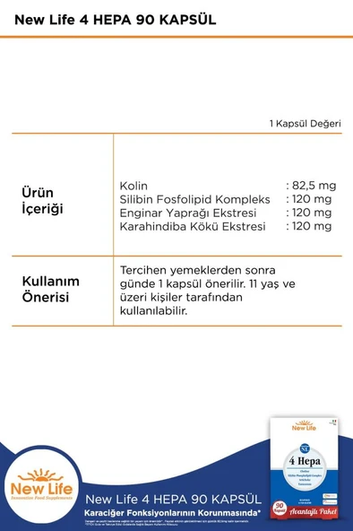New Life 4 Hepa 90 Yumuşak Kapsül - Silibin Fosfolipid - Kolin - Enginar Yaprağı ve Karahindiba Kök Ekstresi - Resim 2