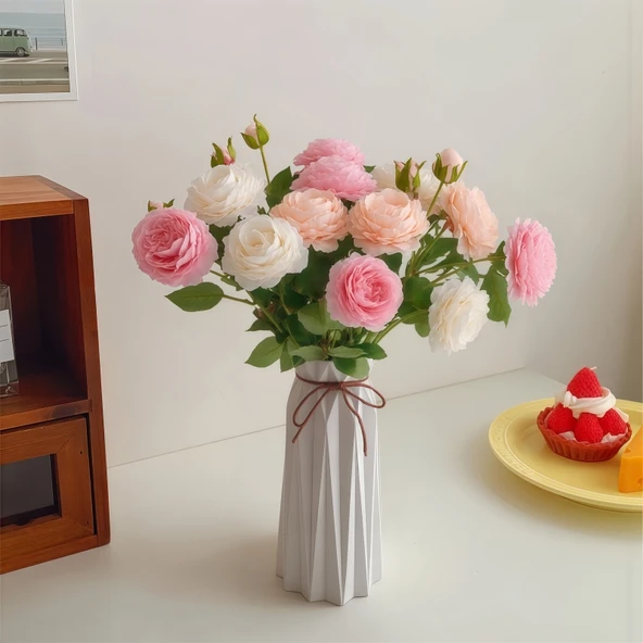 Yapay Gül Buketi - Pembe 4 Süt Tozu 4 + Konik Seramik Vazo - Resim 6