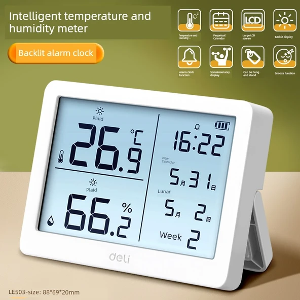 Dijital Termometre ve Nem Ölçer - Arkadan Aydınlatmalı Alarm Saatli Beyaz (Model 2)