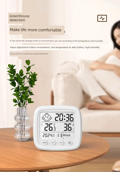 Dijital Termometre ve Higrometre YZ-0329C - Klasik Büyük Ekranlı - Saatli - 9