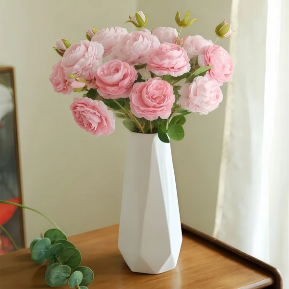 Yapay Gül Buketi - Pembe 4 Süt Tozu 4 + Konik Seramik Vazo - Resim 2