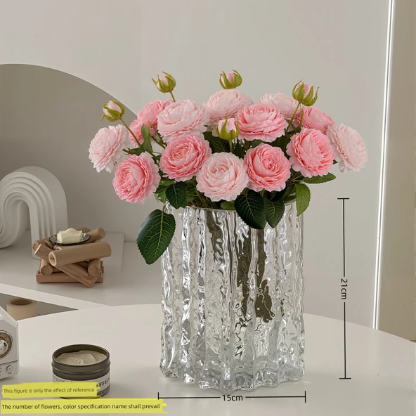 Yapay Gül Buketi - Süt Tozu 3 Pembe 3 + Dalgalı Cam Vazo