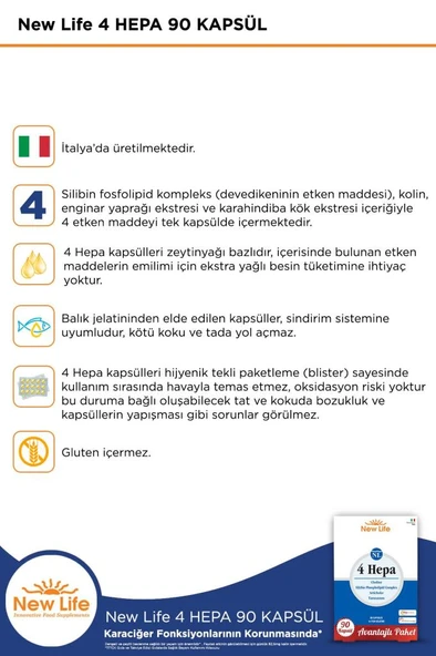 New Life 4 Hepa 90 Yumuşak Kapsül - Silibin Fosfolipid - Kolin - Enginar Yaprağı ve Karahindiba Kök Ekstresi - Resim 3