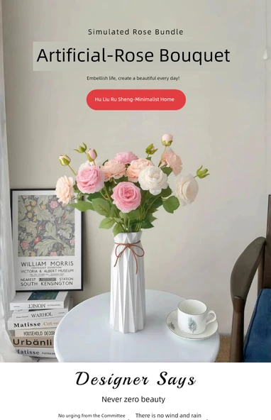 Yapay Gül Buketi - Pembe 4 Süt Tozu 4 + Konik Seramik Vazo - Resim 7