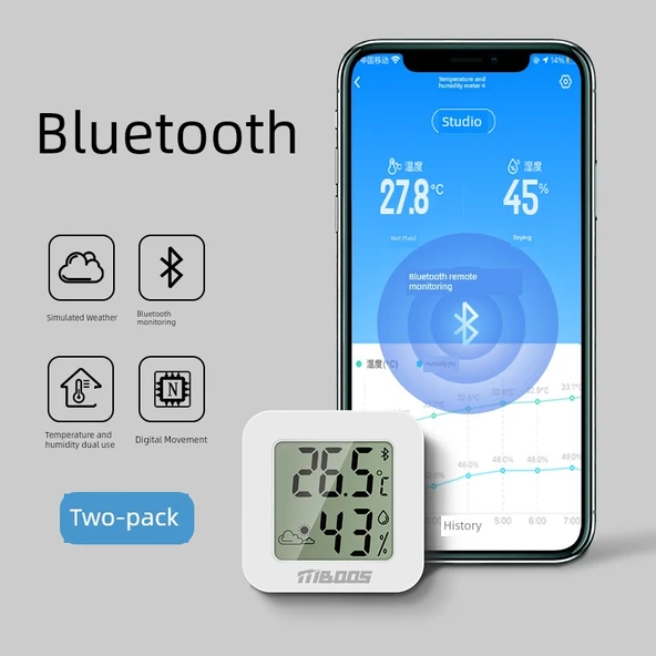 Bluetooth Dijital Termometre Higrometre - 2'li Paket, Duvar Stickerlı ve Pilli
