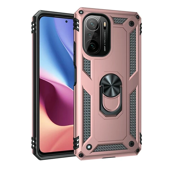 Gpack Xiaomi Poco F3 Kılıf Vega Tank Koruma Standlı Yüzüklü MıknatıslıNano Glass