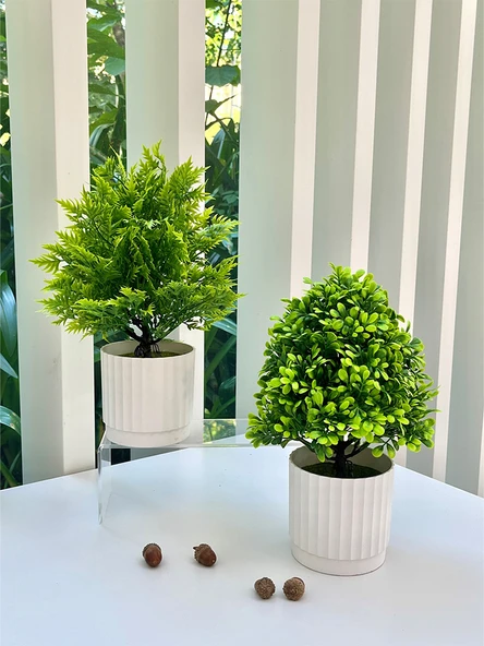 Yapay Bonsai Çizgili Saksı + Küçük Yeşil 2 - 4