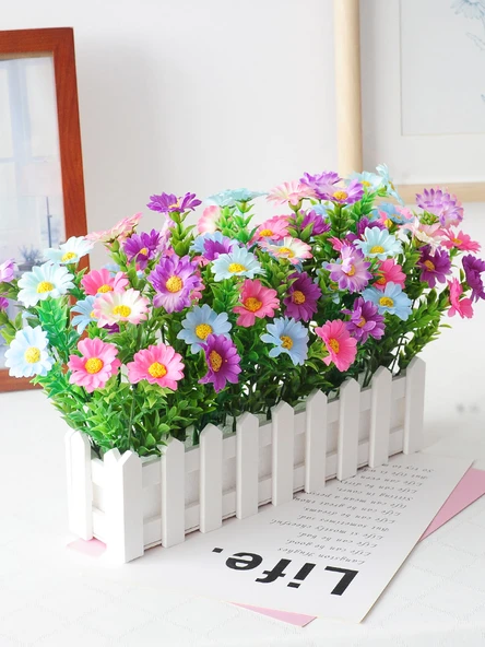 50cm Ahşap Çitli Yapay Çiçek - Karanfil Pudra Gypsophila Sarı - 5