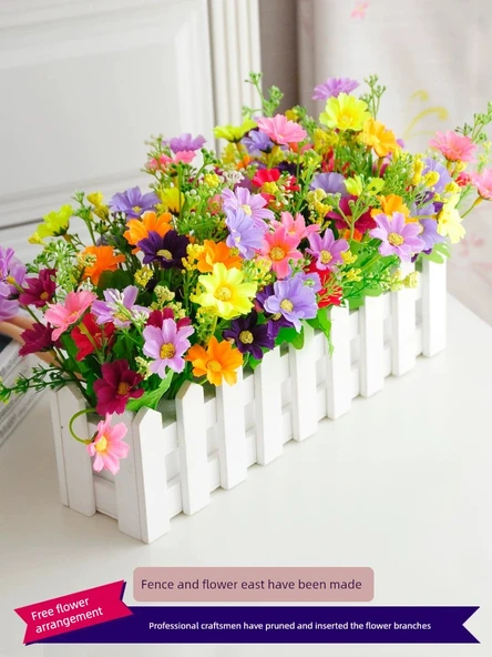 50cm Ahşap Çitli Yapay Çiçek - Karanfil Pudra Gypsophila Sarı - 2