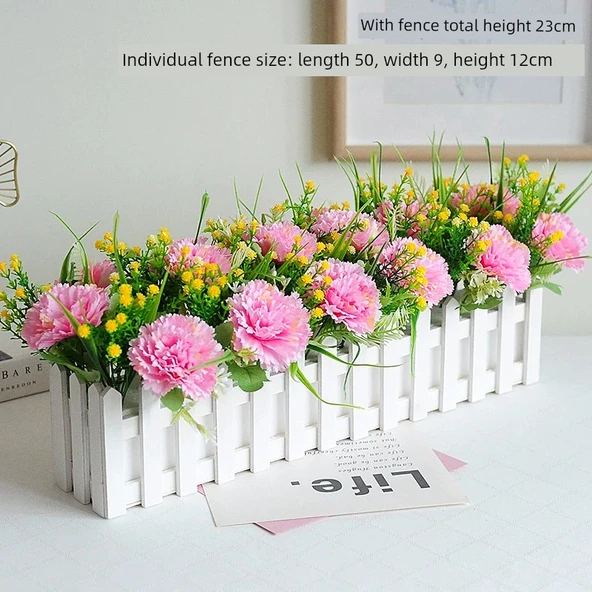 50cm Ahşap Çitli Yapay Çiçek - Karanfil Pudra Gypsophila Sarı - 1