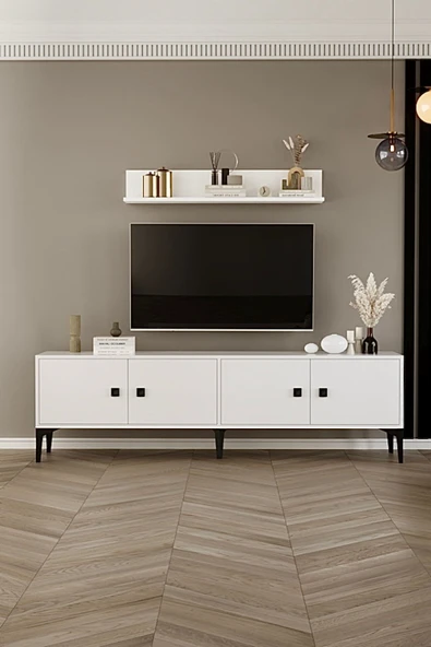 Happylife Furniture Design  %100 Mdf Tv Ünitesi Beyaz Raflı Tv Sehpası 180 Cm - 3