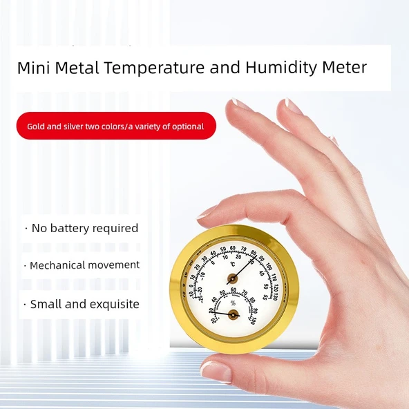 Mini Higrometre - 50mm Çap - Altın Disk Altın Kenar - 2