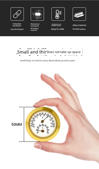 Mini Higrometre - 45mm Çap - Beyaz Zemin Altın Kenar - 9