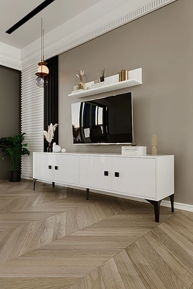 Happylife Furniture Design  %100 Mdf Tv Ünitesi Beyaz Raflı Tv Sehpası 180 Cm - 2