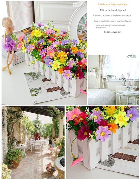 50cm Ahşap Çitli Yapay Çiçek - Karanfil Pudra Gypsophila Sarı - 11