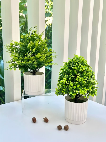 Yapay Bonsai Çizgili Saksı + Küçük Yeşil 2 - 3