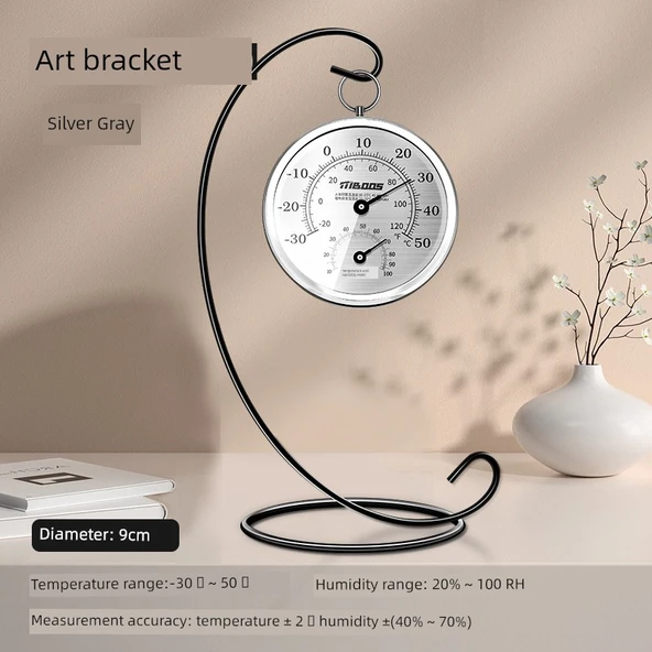 İç Ortam Termometre Higrometre - [Metalik Dokulu] Gümüş Gri (Sanat Askılıklı) 9cm