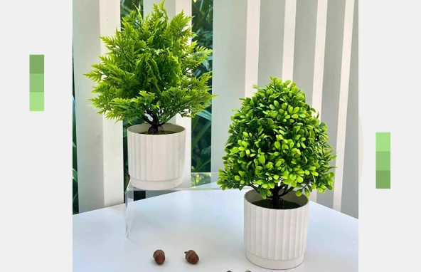 Yapay Bonsai Çizgili Saksı + Dört - 12