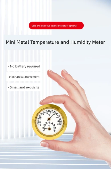 Mini Higrometre - 45mm Çap - Beyaz Zemin Altın Kenar - 8