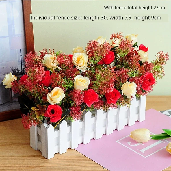 30cm Ahşap Çitli Yapay Çiçek - Kırmızı Murraya