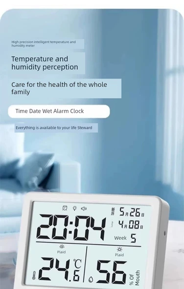 Dijital Termometre Higrometre - Pilli Otomatik Işıklı Tek Alarm - 7