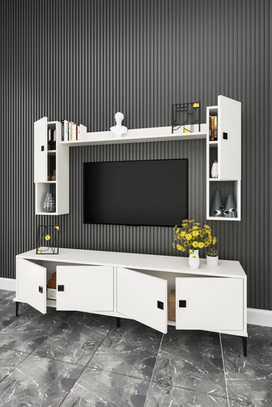 Happylife Furniture Design  %100 Mdf Tv Ünitesi 180 Cm - Kapaklı Raflı Beyaz Televizyon Ünitesi - 3