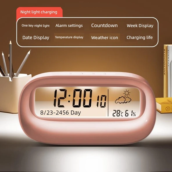 Dijital Termometre Higrometre - Pembe, Gece Lambalı, Şarjlı, Alarmlı, USB Kablolu