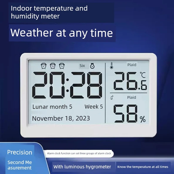Dijital Termometre Higrometre - Pilli Otomatik Işıklı Tek Alarm - 2