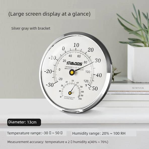İç Ortam Termometre Higrometre - Metalik Gümüş Gri (Ayaklı) 13cm