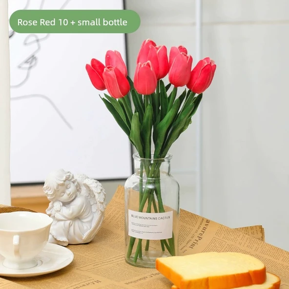 Yapay Lale Buketi - 10 Adet Gül Rengi Lale + Küçük Şişe