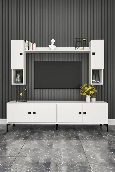 %100 Mdf Tv Ünitesi 180 Cm - Kapaklı Raflı Beyaz Televizyon Ünitesi