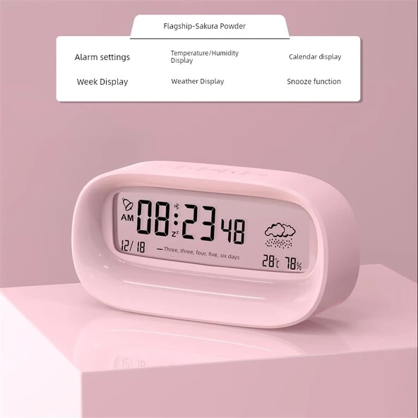 Dijital Termometre Higrometre - Şeffaf Pembe Pilli, Geri Sayım, Hava İkonlu, 12.8cm