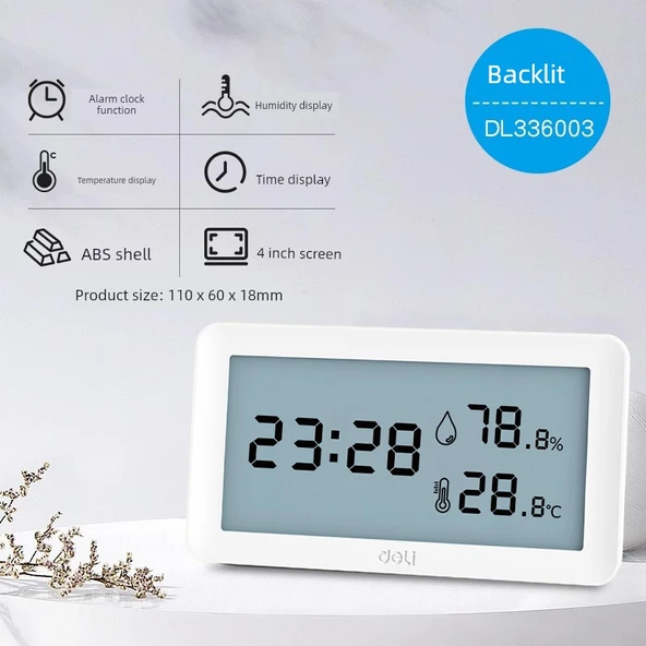 Dijital Termometre Higrometre ve Alarm Saati - Arka Işıklı