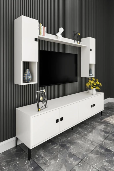 Happylife Furniture Design  %100 Mdf Tv Ünitesi 180 Cm - Kapaklı Raflı Beyaz Televizyon Ünitesi - 2