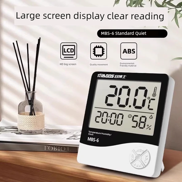 Dijital Termometre Higrometre Saat - Standart HD Geniş Ekranlı